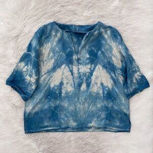 Lykke Wullf Blue Tie Dye Linen Flax Short Sleeve Boxy Oversized Shirt Artsy